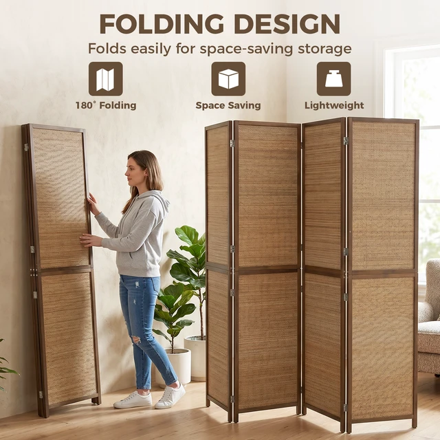 Alt view image 4 of 7 - Divider, Tall Folding Privacy Screen 4 Panel Hand Woven Bamboo Wall Partition for Separation Portable Freestanding Wall