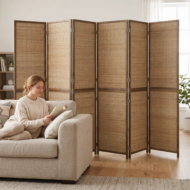 Alt view image 2 of 7 - Divider, Tall Folding Privacy Screen 6 Panel Hand Woven Bamboo Wall Partition for Separation Portable Freestanding Wall