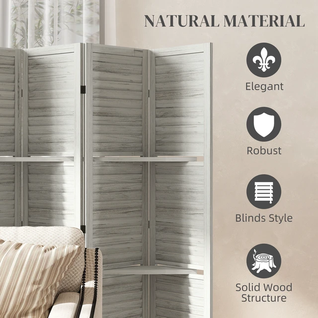 Alt view image 4 of 7 - Divider, 6 Panel 67 Inch Tall Privacy Screen with Display Shelves and Folding Storage for Distressed, White, Acacia Wood