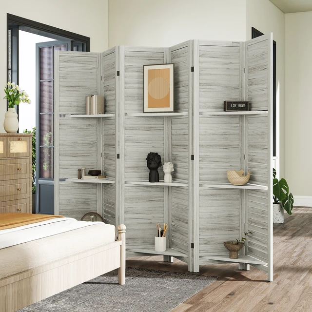 Alt view image 2 of 7 - Divider, 6 Panel 67 Inch Tall Privacy Screen with Display Shelves and Folding Storage for Distressed, White, Acacia Wood