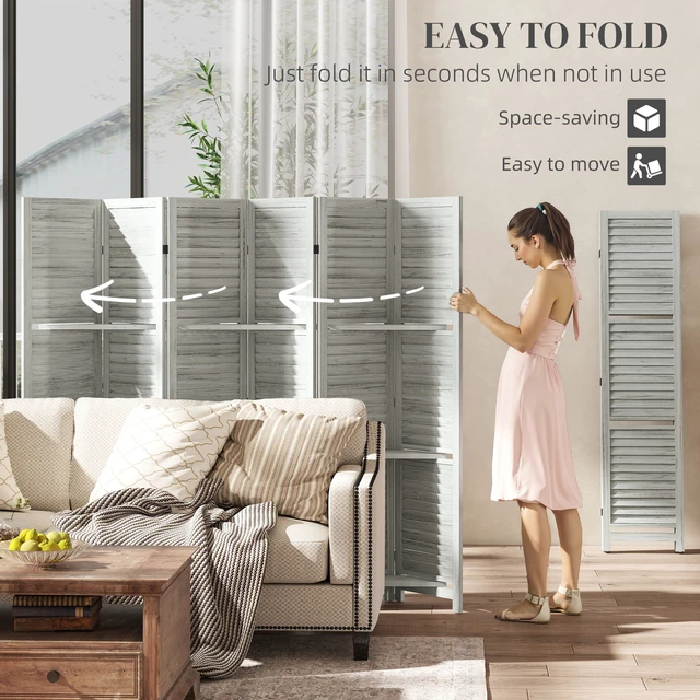 Alt view image 5 of 7 - Divider, 6 Panel 67 Inch Tall Privacy Screen with Display Shelves and Folding Storage for Distressed, White, Acacia Wood
