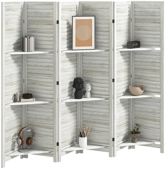 Main image of Divider, 6 Panel 67 Inch Tall Privacy Screen with Display Shelves and Folding Storage for Distressed, White, Acacia Wood
