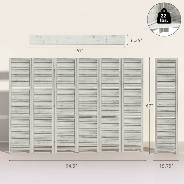 Alt view image 7 of 7 - Divider, 6 Panel 67 Inch Tall Privacy Screen with Display Shelves and Folding Storage for Distressed, White, Acacia Wood