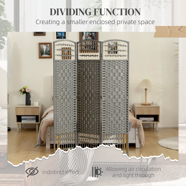 Alt view image 3 of 7 - 3 Panel Divider, Folding Privacy Screen Separator Wave Fiber Freestanding Partition Wall Divider, Dark Gray, Wood
