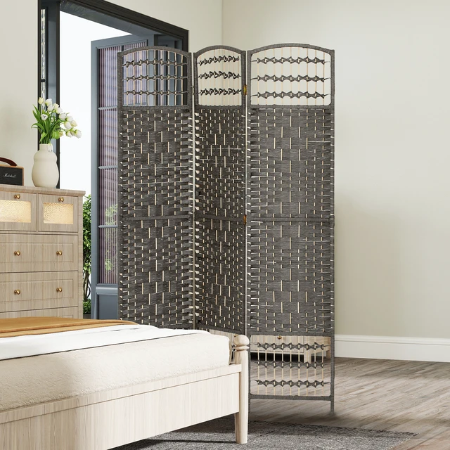 Alt view image 2 of 7 - 3 Panel Divider, Folding Privacy Screen Separator Wave Fiber Freestanding Partition Wall Divider, Dark Gray, Wood