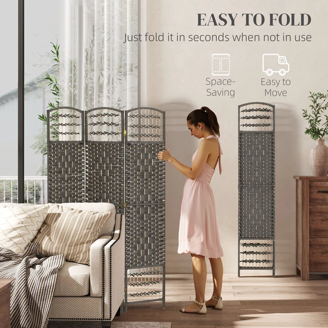 Alt view image 6 of 7 - 3 Panel Divider, Folding Privacy Screen Separator Wave Fiber Freestanding Partition Wall Divider, Dark Gray, Wood