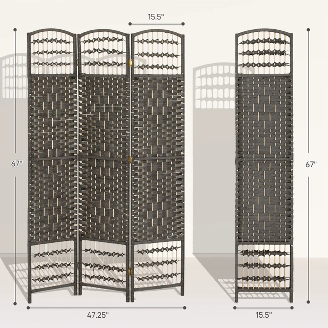 Alt view image 7 of 7 - 3 Panel Divider, Folding Privacy Screen Separator Wave Fiber Freestanding Partition Wall Divider, Dark Gray, Wood