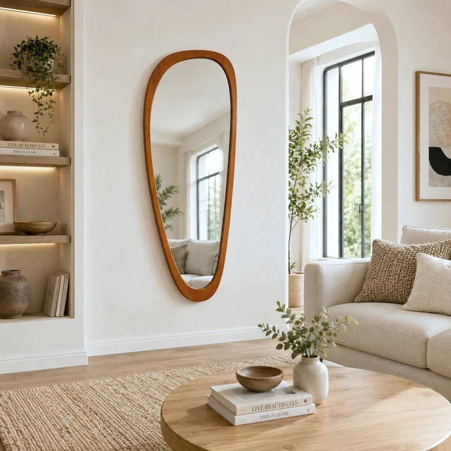 Alt view image 3 of 7 - Inchx26.4 Inch Irregular Teardrop Shaped Solid Wooden Framed Mirror, Abstract Asymmetrical Decorative Wall Mirror