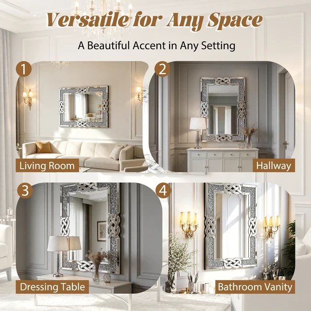 Alt view image 6 of 7 - Crushed Diamond Mirrored Wall Mirror, Rectangle Decorative Vanity Mirror with Intertwined Knot Frame Sparkly Crystal