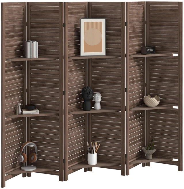 Main image of Divider, 6 Panel 67 Inch Tall Privacy Screen with Display Shelves and Folding Storage, Walnut, Acacia Wood