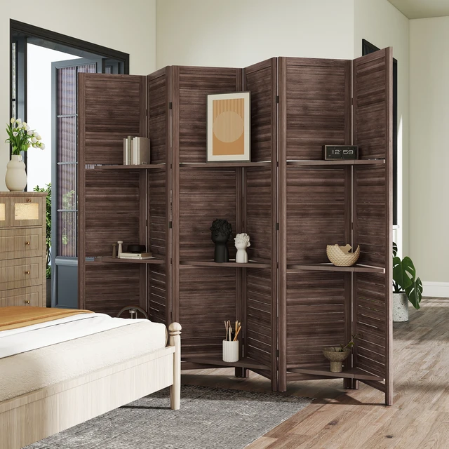 Alt view image 2 of 7 - Divider, 6 Panel 67 Inch Tall Privacy Screen with Display Shelves and Folding Storage, Walnut, Acacia Wood