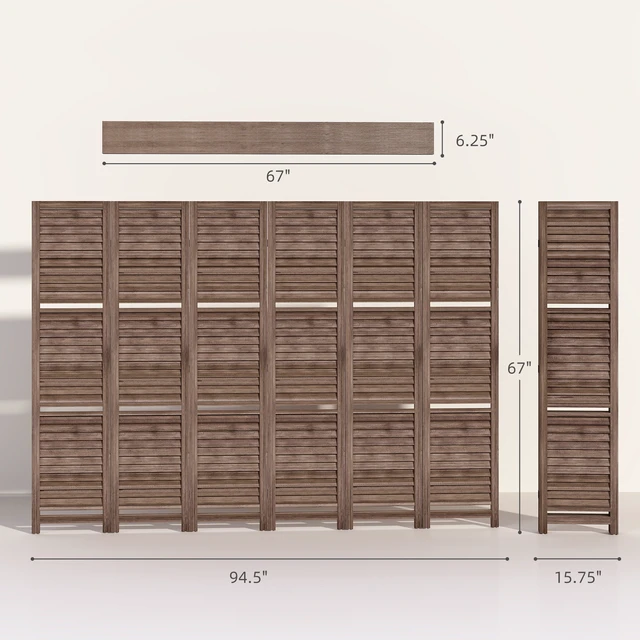 Alt view image 7 of 7 - Divider, 6 Panel 67 Inch Tall Privacy Screen with Display Shelves and Folding Storage, Walnut, Acacia Wood