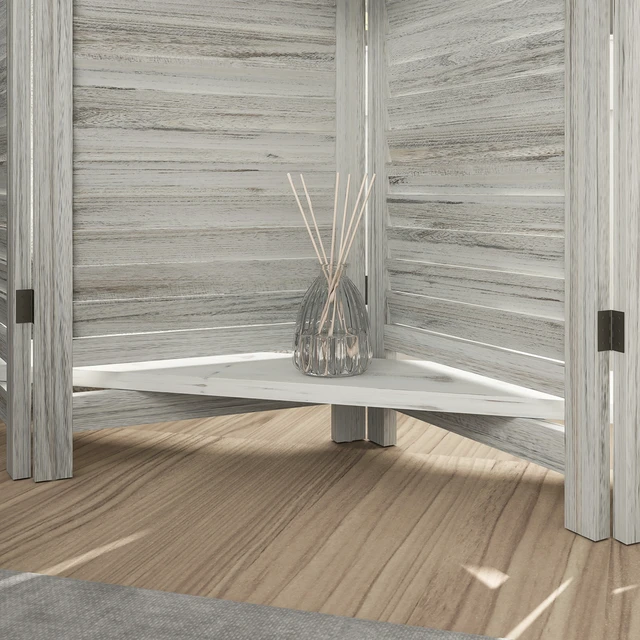 Alt view image 2 of 7 - Divider, 5 Panel 67 Inch Tall Privacy Screen with Display Shelves and Folding Storage for Distressed, White, Acacia Wood