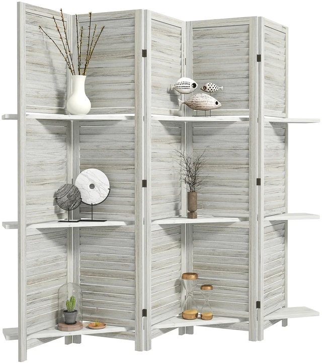 Main image of Divider, 5 Panel 67 Inch Tall Privacy Screen with Display Shelves and Folding Storage for Distressed, White, Acacia Wood