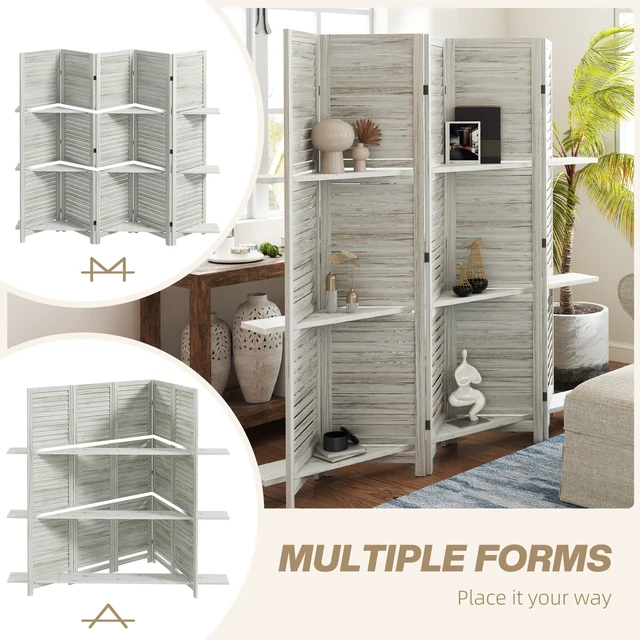 Alt view image 3 of 7 - Divider, 5 Panel 67 Inch Tall Privacy Screen with Display Shelves and Folding Storage for Distressed, White, Acacia Wood