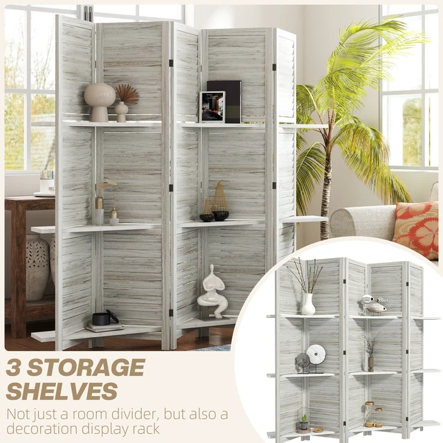 Alt view image 6 of 7 - Divider, 5 Panel 67 Inch Tall Privacy Screen with Display Shelves and Folding Storage for Distressed, White, Acacia Wood