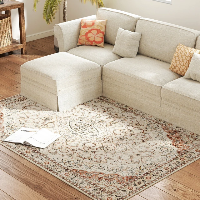 Alt view image 2 of 7 - Machine Washable Area Rug, 4 Oriental Medallion Distressed Rugs for Living Non-Slip Low Pile Carpet for Dining Soft