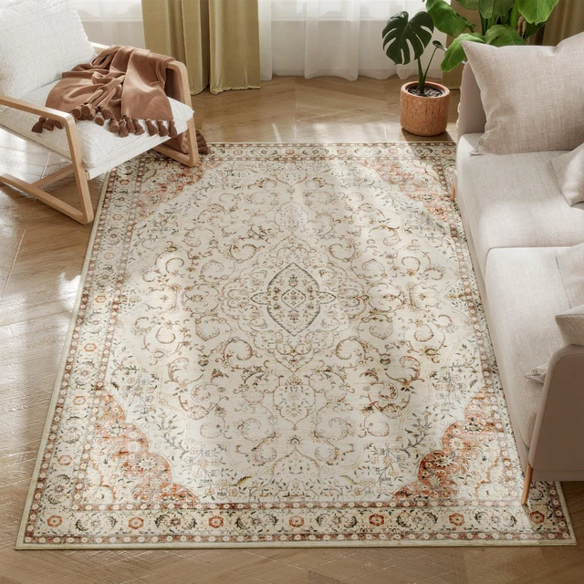 Main image of Machine Washable Area Rug, 4 Oriental Medallion Distressed Rugs for Living Non-Slip Low Pile Carpet for Dining Soft