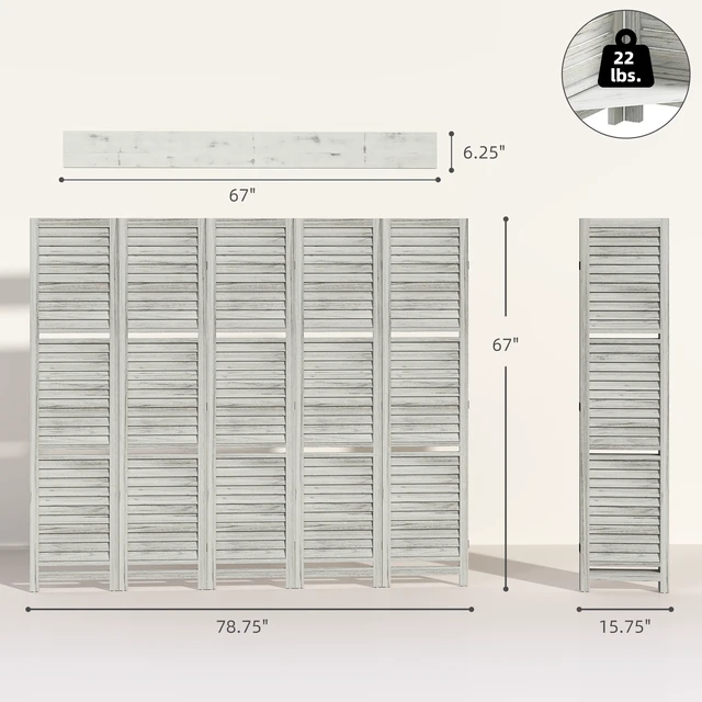 Alt view image 7 of 7 - Divider, 5 Panel 67 Inch Tall Privacy Screen with Display Shelves and Folding Storage for Distressed, White, Acacia Wood