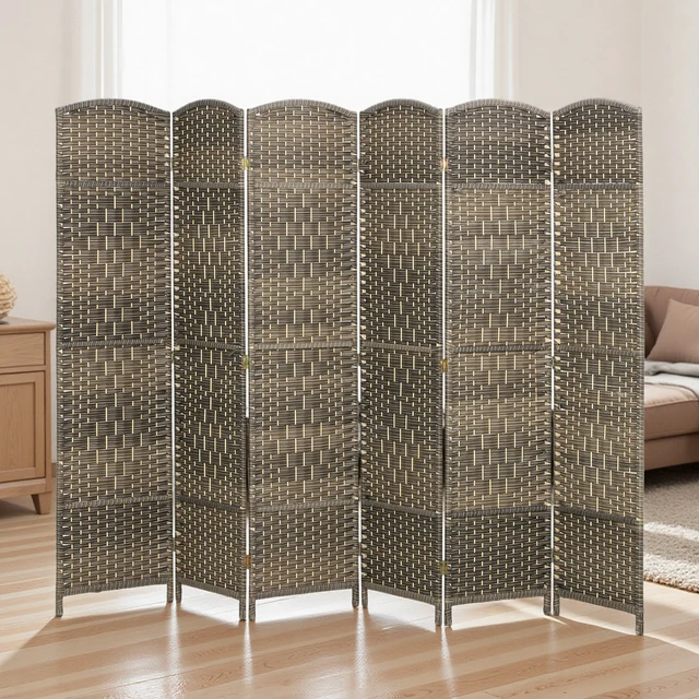 Alt view image 2 of 7 - Divider, 6 ft 6 Panel Folding Privacy Screen Hand Woven Wall Partition with Wood Frame Freestanding Separator
