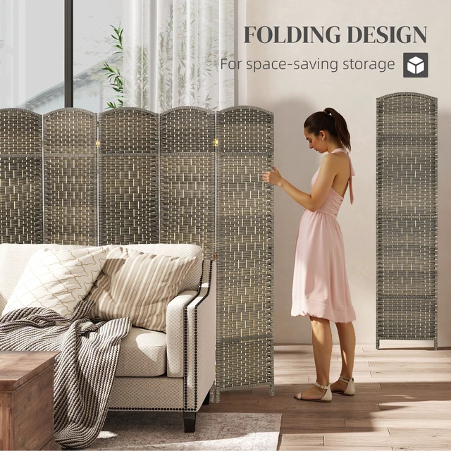 Alt view image 6 of 7 - Divider, 6 ft 6 Panel Folding Privacy Screen Hand Woven Wall Partition with Wood Frame Freestanding Separator