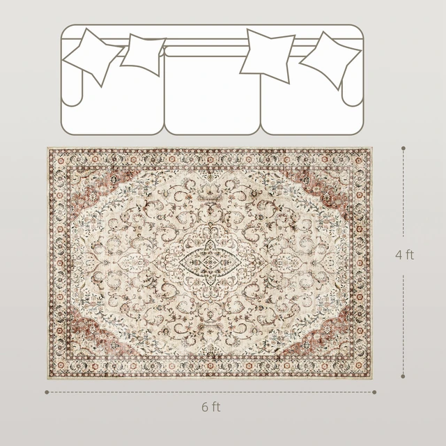 Alt view image 7 of 7 - Machine Washable Area Rug, 4 Oriental Medallion Distressed Rugs for Living Non-Slip Low Pile Carpet for Dining Soft