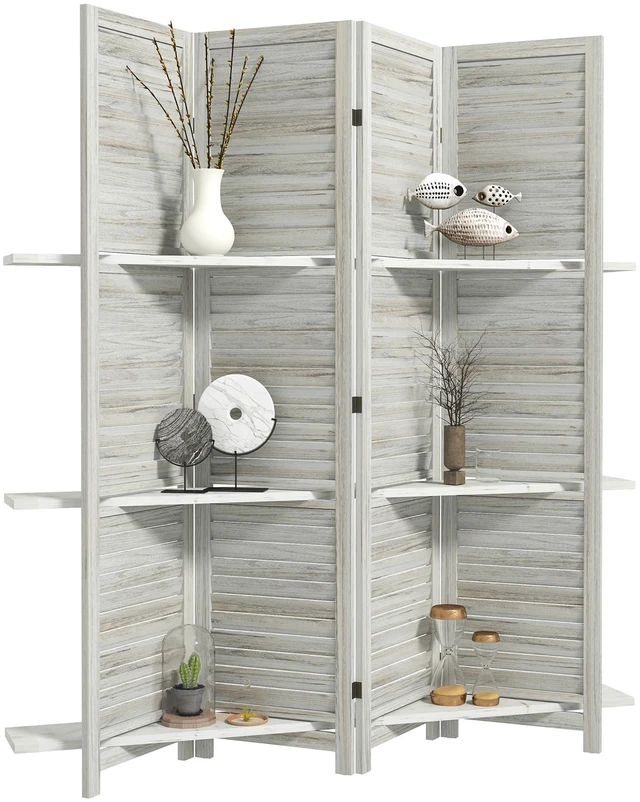 Main image of Divider, 4 Panel 67 Inch Tall Privacy Screen with Display Shelves and Folding Storage for Distressed, White, Acacia Wood