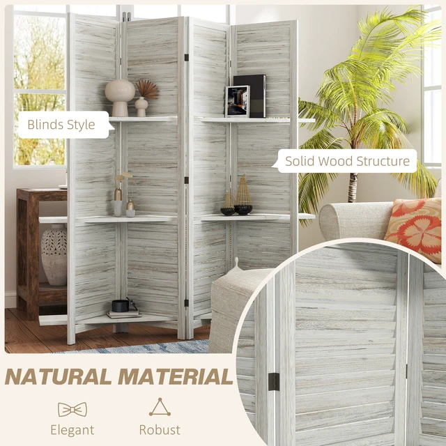 Alt view image 5 of 7 - Divider, 4 Panel 67 Inch Tall Privacy Screen with Display Shelves and Folding Storage for Distressed, White, Acacia Wood