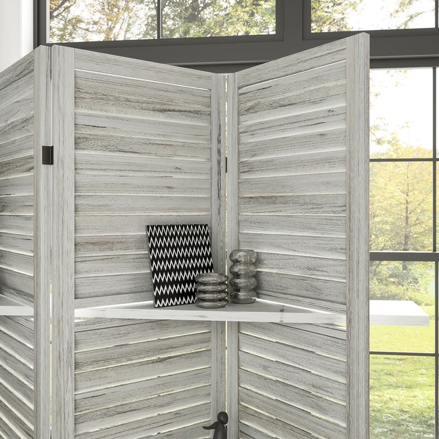 Alt view image 2 of 7 - Divider, 4 Panel 67 Inch Tall Privacy Screen with Display Shelves and Folding Storage for Distressed, White, Acacia Wood
