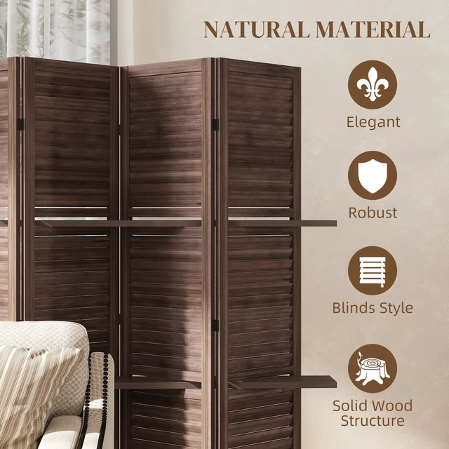 Alt view image 4 of 7 - Divider, 5 Panel 67 Inch Tall Privacy Screen with Display Shelves and Folding Storage, Walnut, Acacia Wood