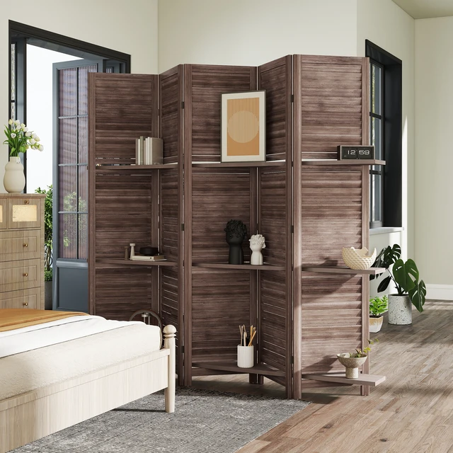 Alt view image 2 of 7 - Divider, 5 Panel 67 Inch Tall Privacy Screen with Display Shelves and Folding Storage, Walnut, Acacia Wood