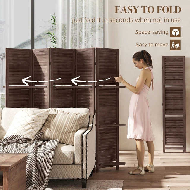 Alt view image 5 of 7 - Divider, 5 Panel 67 Inch Tall Privacy Screen with Display Shelves and Folding Storage, Walnut, Acacia Wood