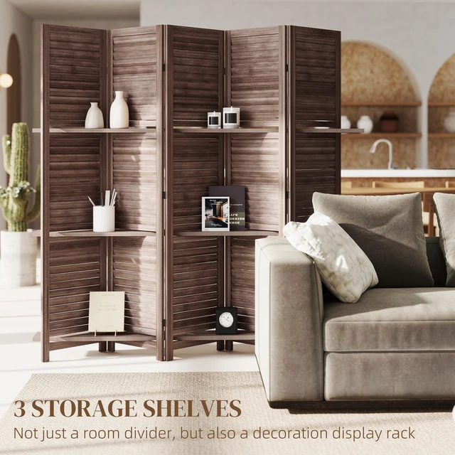 Alt view image 6 of 7 - Divider, 5 Panel 67 Inch Tall Privacy Screen with Display Shelves and Folding Storage, Walnut, Acacia Wood