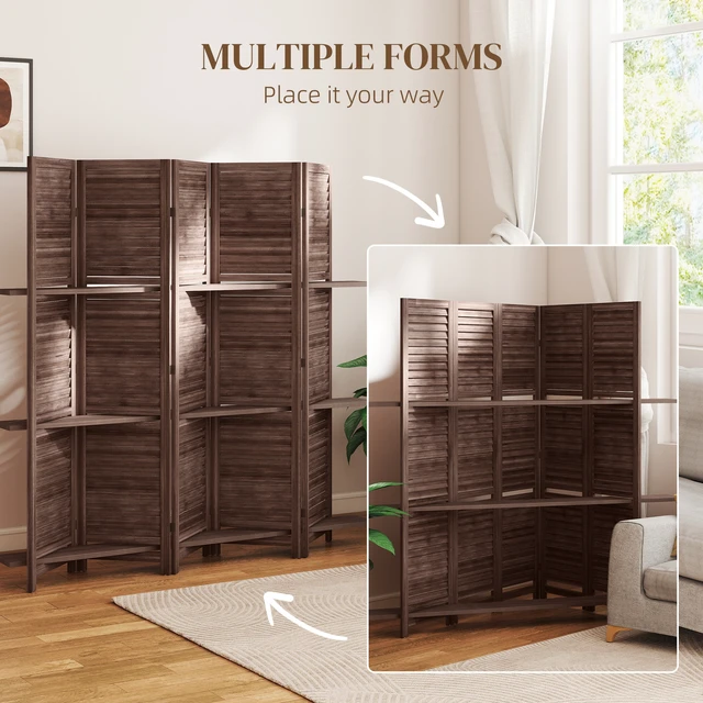 Alt view image 3 of 7 - Divider, 5 Panel 67 Inch Tall Privacy Screen with Display Shelves and Folding Storage, Walnut, Acacia Wood
