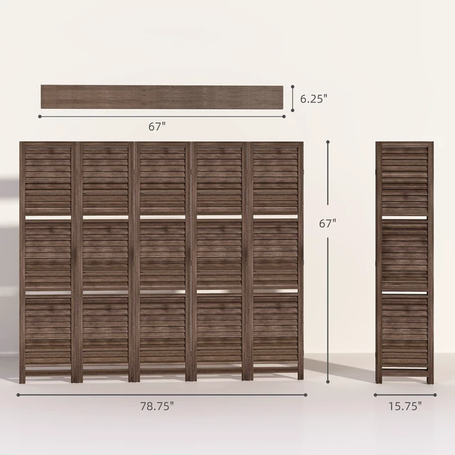 Alt view image 7 of 7 - Divider, 5 Panel 67 Inch Tall Privacy Screen with Display Shelves and Folding Storage, Walnut, Acacia Wood