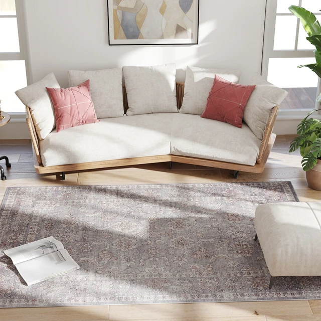 Alt view image 3 of 7 - Area Rug 5, Machine Washable Rug Non-Slip Flower Print Floor Cover Foldable Carpet for Living Dining, Brown Grey