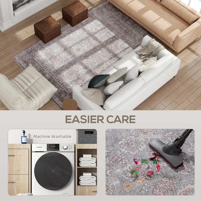 Alt view image 5 of 7 - Area Rug 5, Machine Washable Rug Non-Slip Flower Print Floor Cover Foldable Carpet for Living Dining, Brown Grey