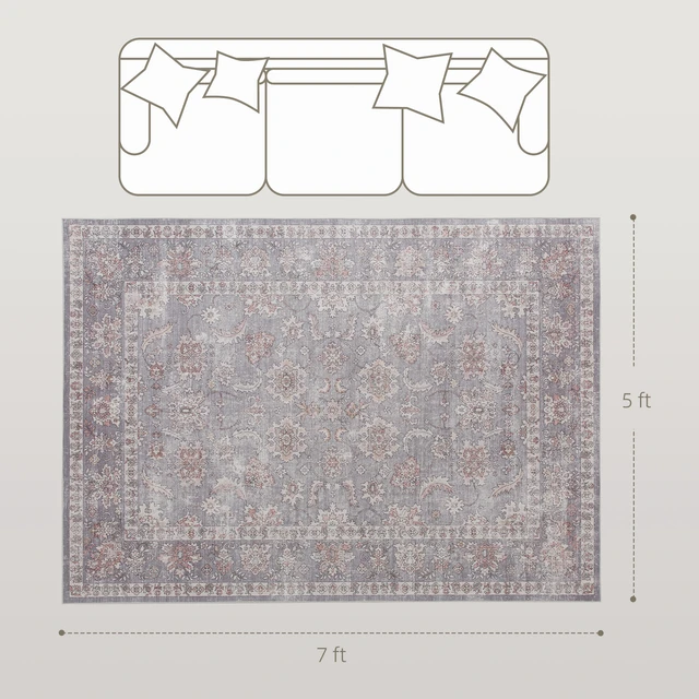 Alt view image 7 of 7 - Area Rug 5, Machine Washable Rug Non-Slip Flower Print Floor Cover Foldable Carpet for Living Dining, Brown Grey
