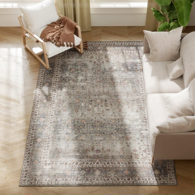 Main image of Area Rug 5, Machine Washable Rug Non-Slip Floor Cover Foldable Carpet for Living Dining Mixed, Dark Brown, Chenille