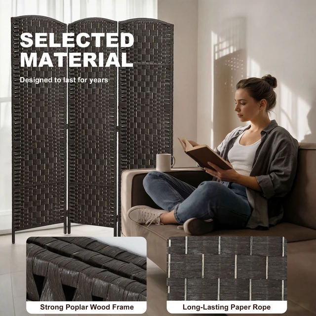 Alt view image 4 of 7 - Divider 3 Panel, Tall Folding Privacy Screen Freestanding Hand Woven Partition for Separation with 360° Hinges Paper