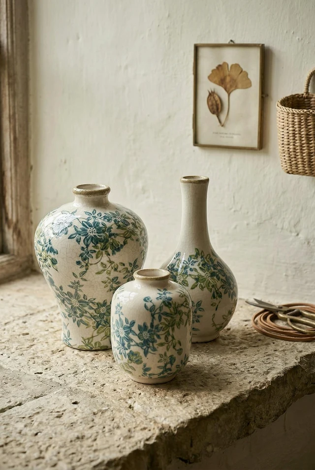 Main image of Set Floral Ceramic Vases, l 5.3 8 Inch m 4.3 8 Inch 4 4x5.5, Blue Cream Green, Vases Jars