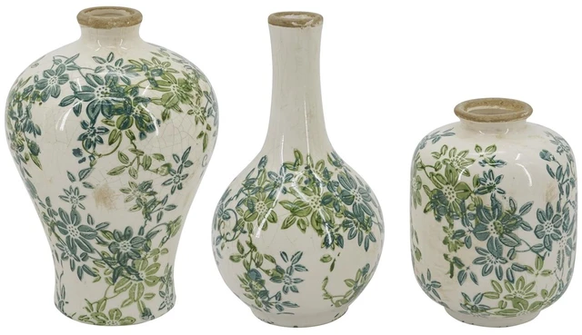 Alt view image 3 of 7 - Set Floral Ceramic Vases, l 5.3 8 Inch m 4.3 8 Inch 4 4x5.5, Blue Cream Green, Vases Jars