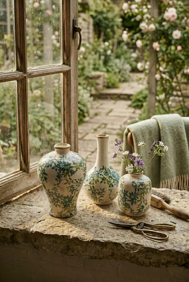 Alt view image 7 of 7 - Set Floral Ceramic Vases, l 5.3 8 Inch m 4.3 8 Inch 4 4x5.5, Blue Cream Green, Vases Jars