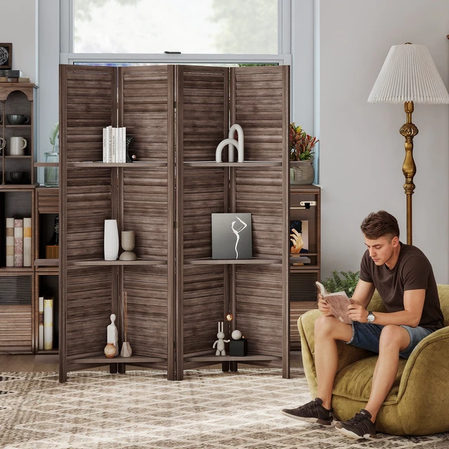 Alt view image 2 of 7 - Divider, 4 Panel 67 Inch Tall Privacy Screen with Display Shelves and Folding Storage, Walnut, Acacia Wood