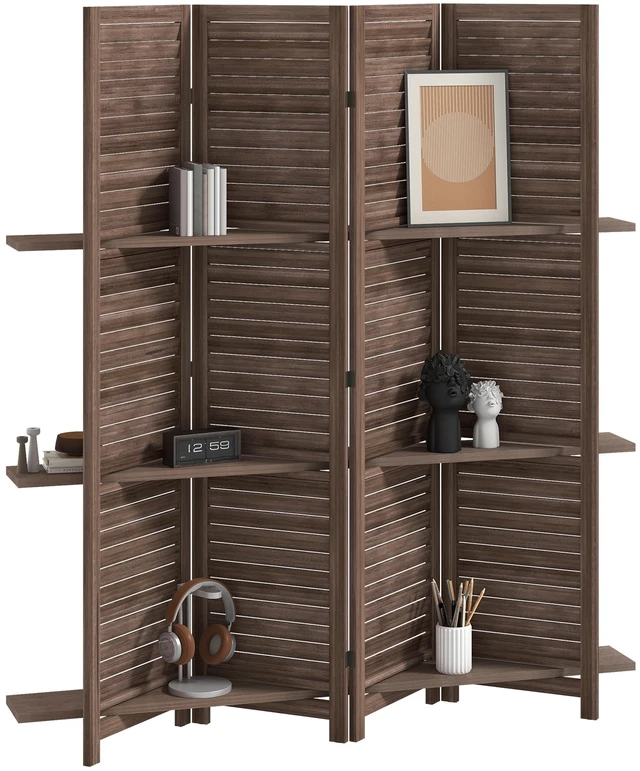 Main image of Divider, 4 Panel 67 Inch Tall Privacy Screen with Display Shelves and Folding Storage, Walnut, Acacia Wood