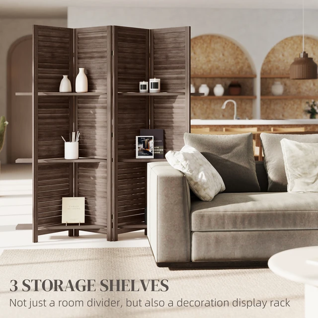 Alt view image 6 of 7 - Divider, 4 Panel 67 Inch Tall Privacy Screen with Display Shelves and Folding Storage, Walnut, Acacia Wood