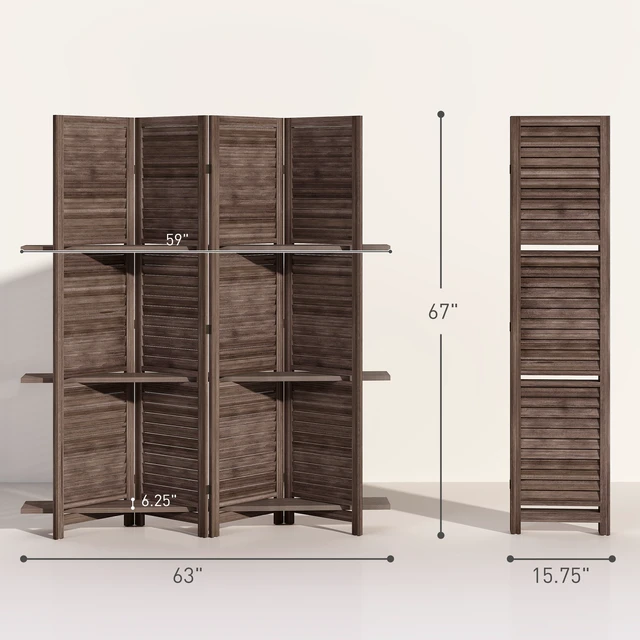 Alt view image 7 of 7 - Divider, 4 Panel 67 Inch Tall Privacy Screen with Display Shelves and Folding Storage, Walnut, Acacia Wood