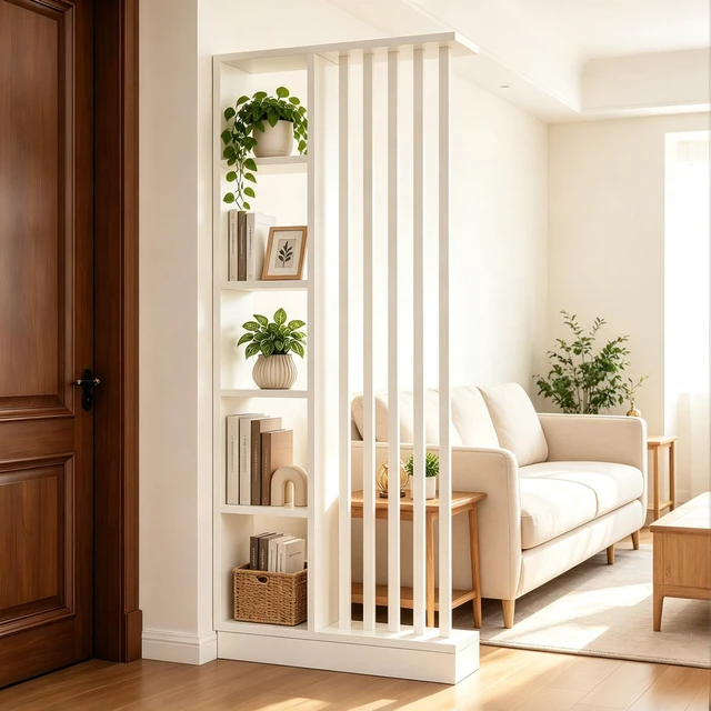 Main image of Freestanding Divider with Storage Shelves, Slatted Partition Bookcase Decorative Privacy Divider for Living Entryway