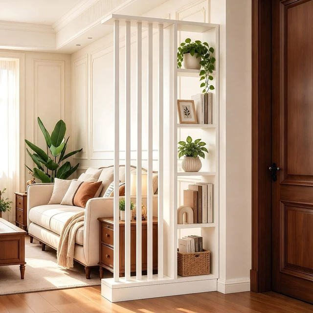 Alt view image 3 of 7 - Freestanding Divider with Storage Shelves, Slatted Partition Bookcase Decorative Privacy Divider for Living Entryway