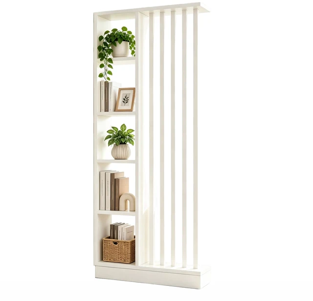 Alt view image 7 of 7 - Freestanding Divider with Storage Shelves, Slatted Partition Bookcase Decorative Privacy Divider for Living Entryway